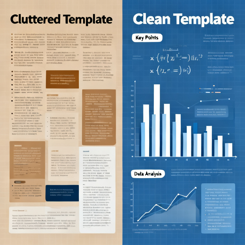 A comparison of academic slide templates: one cluttered with text and another clean, data-focused layout with charts and formulas