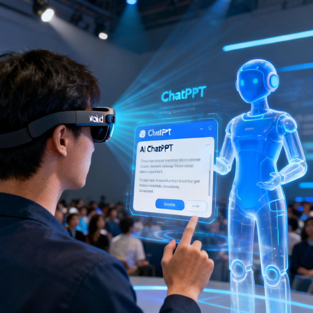 A person wearing Rokid AR glasses, with a holographic display of ChatPPT's AI speech interface and a virtual assistant answering audience questions.