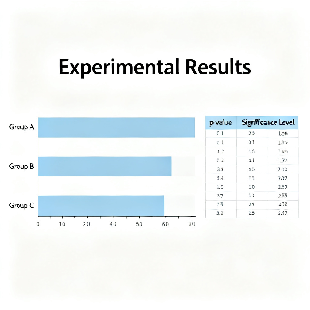 A clean, academic-style PowerPoint slide with a title 'Experimental Results', a bar chart comparing data from three experimental groups, and a neatly formatted table showing statistical significance. The overall color scheme is blue and white, professional and minimal.