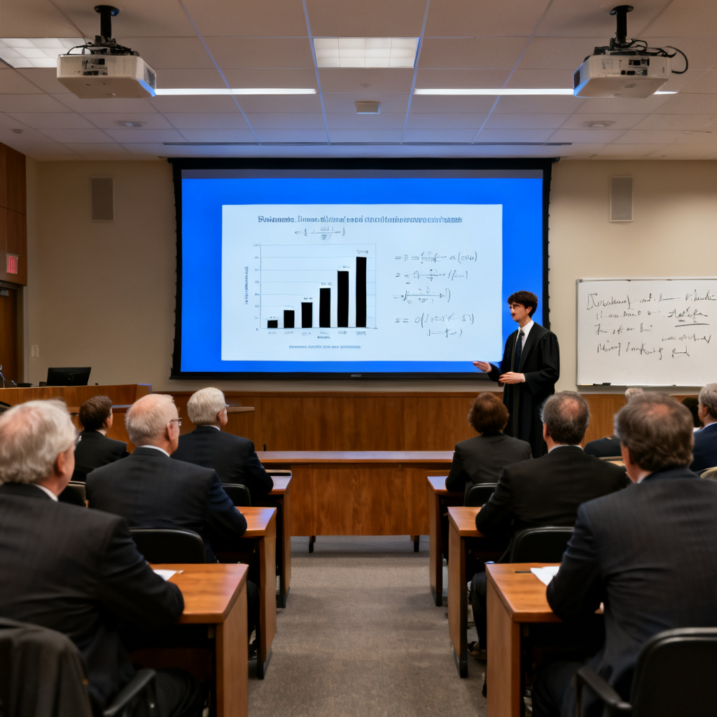 A university graduation defense scene, a doctoral student presenting a PPT on a large screen, the audience includes professors and judges, the PPT shows clear charts and formulas, the atmosphere is serious and focused, realistic style