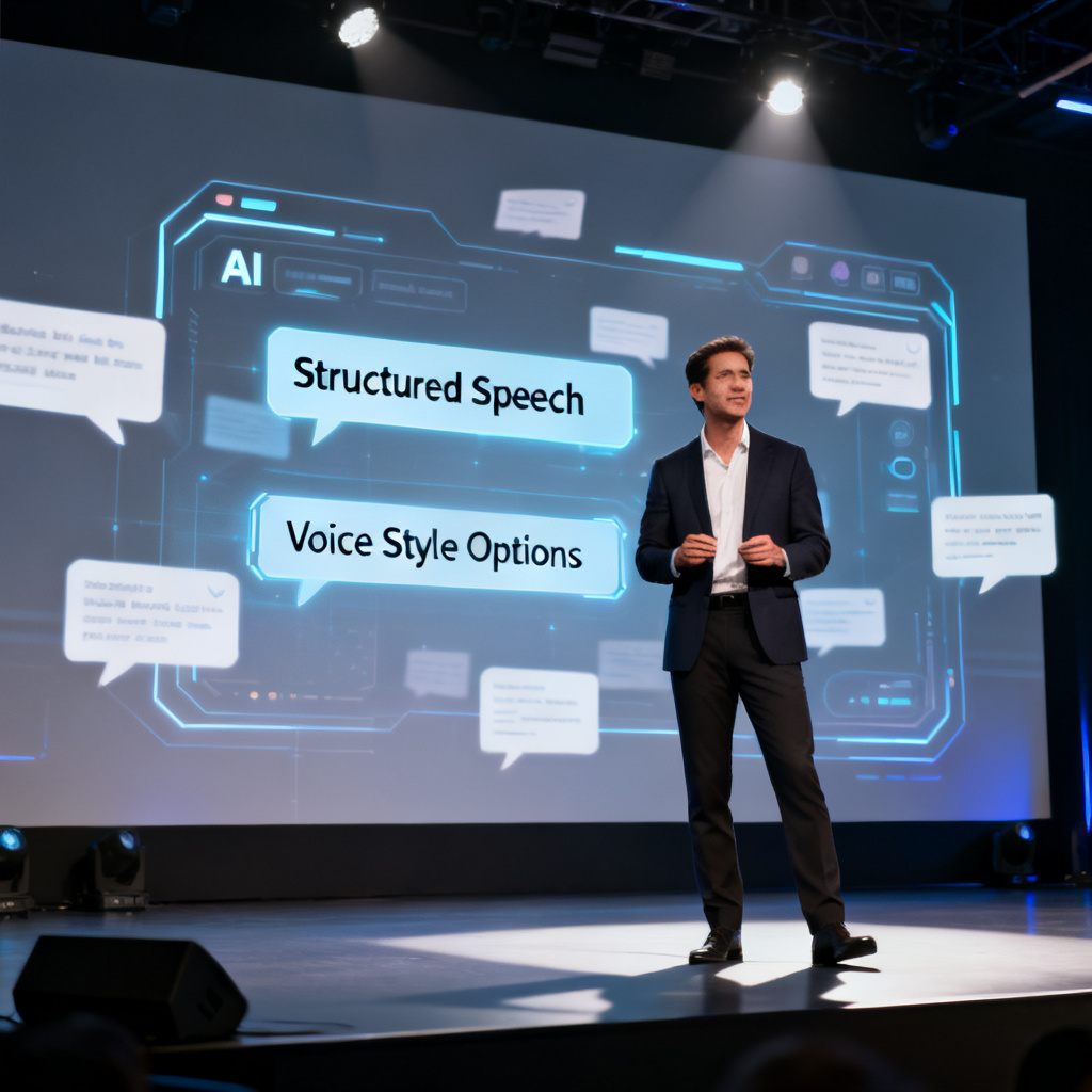 A professional presenter standing on stage with a confident posture, while a holographic screen shows AI-generated speech notes floating in front of them, with text 'Structured Speech' and 'Voice Style Options' in a futuristic interface. Style: cinematic, high-tech, clean lighting, 4K.