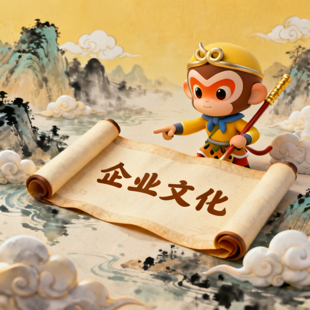 3D西游记风格的企业文化宣传页,孙悟空形象变成Q版公仔,手拿金箍棒指向卷轴,背景是水墨山水与云朵,暖黄色调,卡通渲染风格,细节丰富