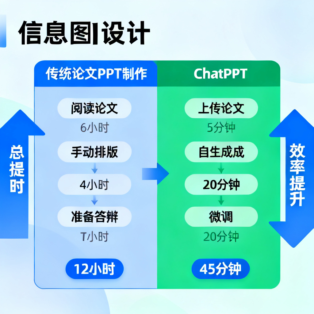 一张对比图,左侧显示传统论文PPT制作流程:阅读论文(6小时)+手动排版(4小时)+准备答辩(2小时)=12小时;右侧显示ChatPPT流程:上传论文(5分钟)+自动生成(20分钟)+微调(20分钟)=45分钟,箭头指向效率提升