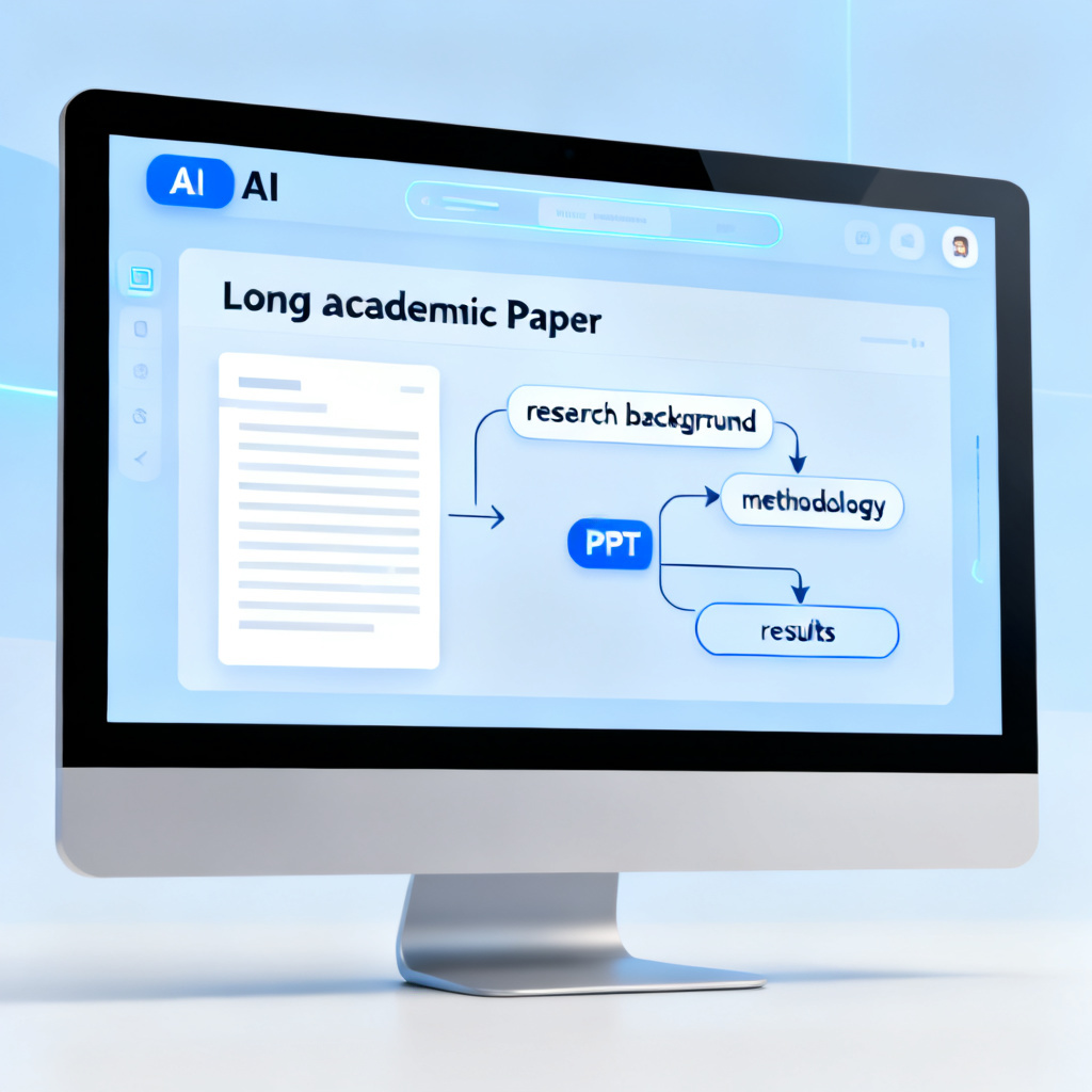 A computer screen displaying an AI interface that transforms a long academic paper into a clear, structured PPT outline, with logical arrows connecting research background, methodology, and results