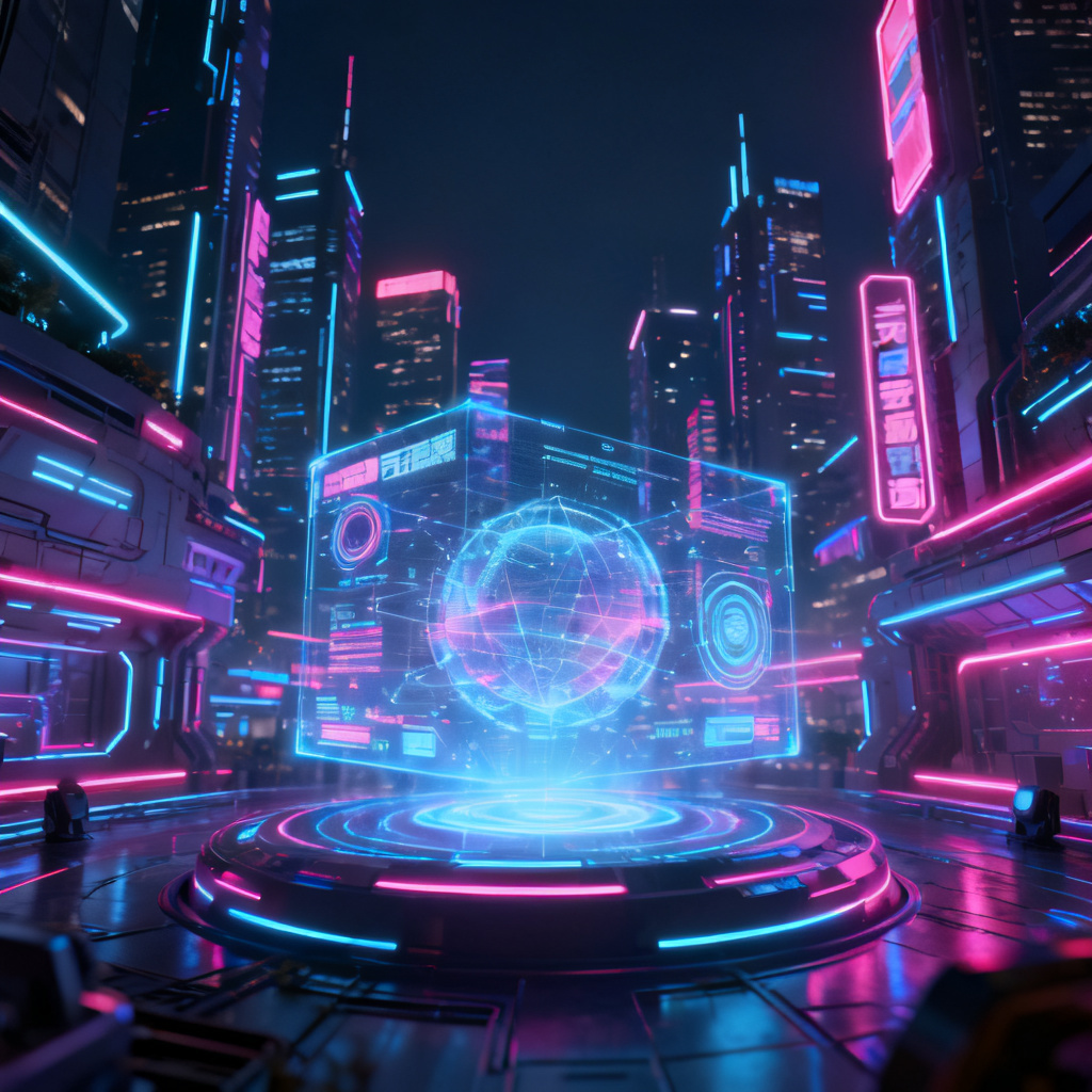 赛博朋克风格的元宇宙路演PPT，霓虹灯光，全息投影，未来城市背景，高细节，8k