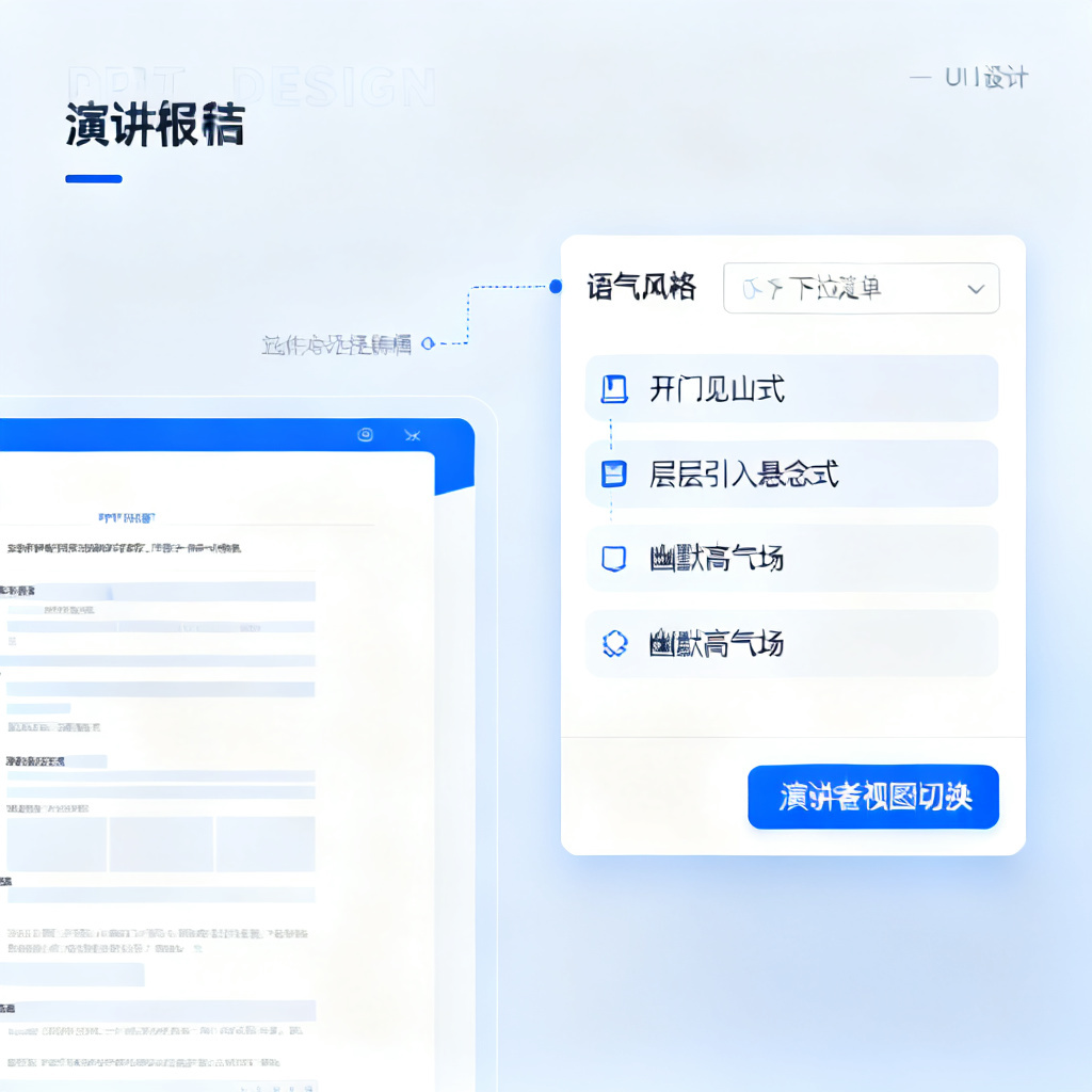 ChatPPT界面中演讲稿生成面板的示意图，左侧为PPT页面缩略图，右侧为演讲稿编辑区域，包含语气风格选择下拉菜单，选项有开门见山式、层层引入悬念式、幽默高气场，下方为演讲者视图切换按钮