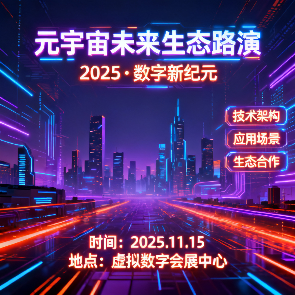 赛博朋克风格元宇宙路演PPT，霓虹灯光与数据流交织，背景为未来城市天际线，文字采用发光字体，整体色调为蓝紫与橙红对比