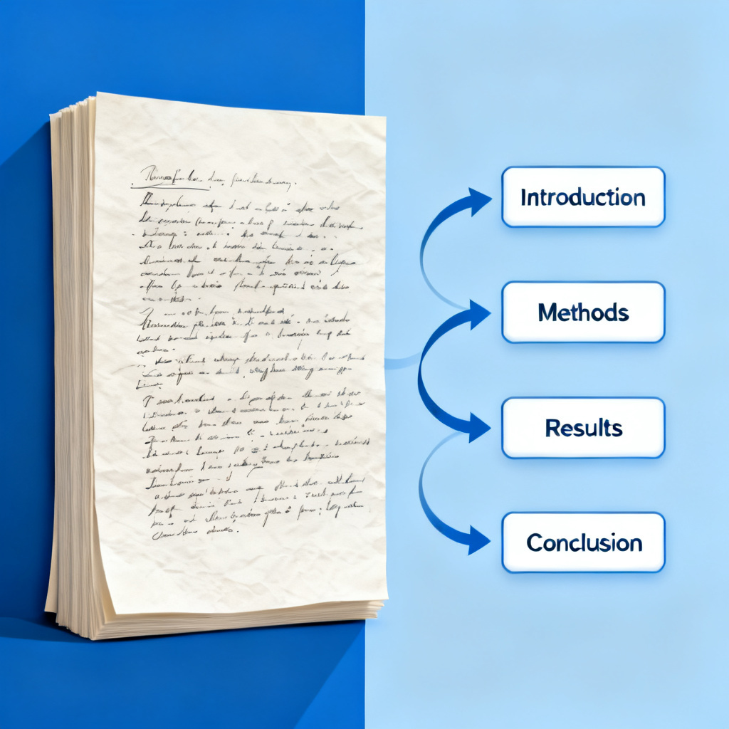 A visual diagram showing a thick academic paper being transformed into a clean, structured slide outline with arrows and nodes representing introduction, methods, results, and conclusion.