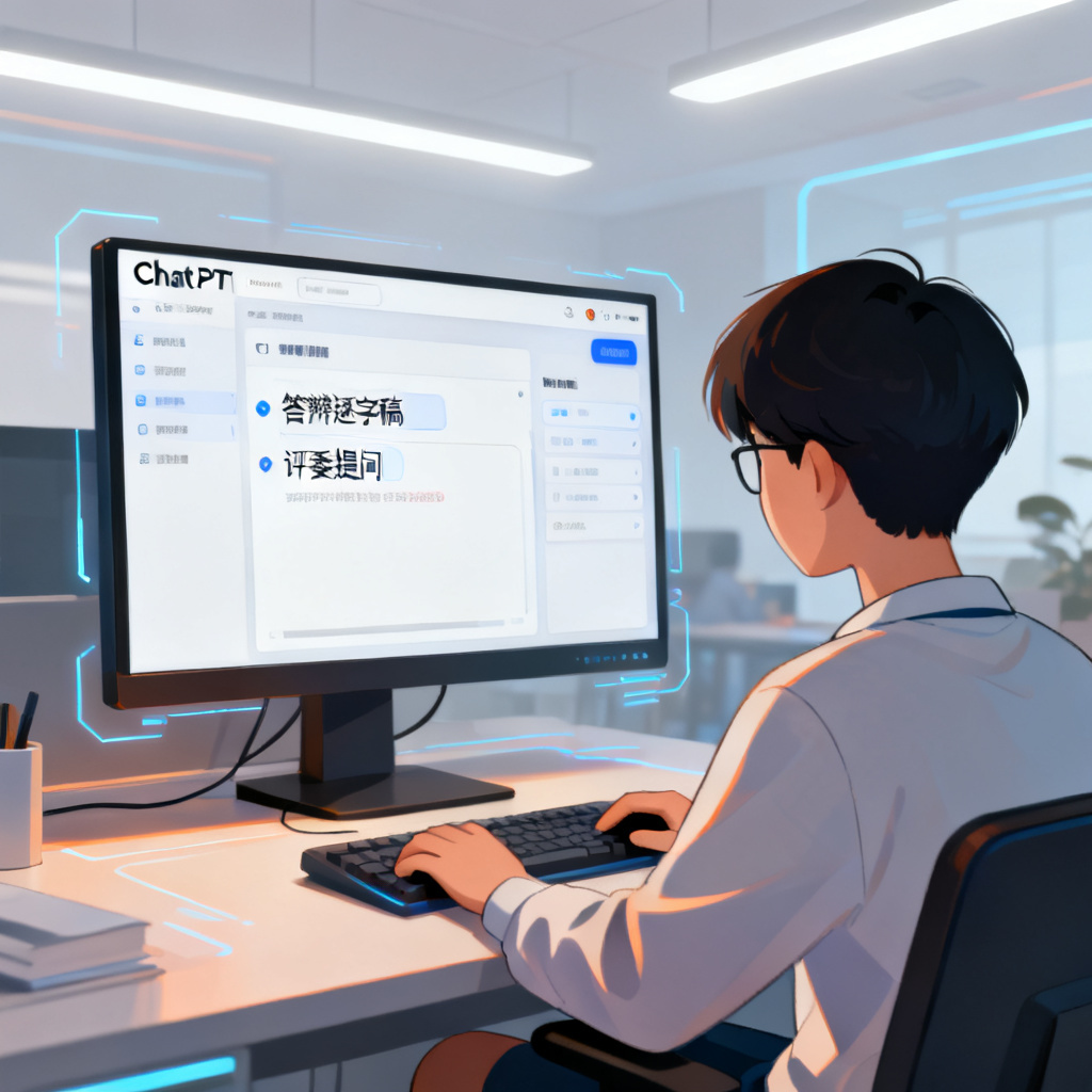 一位学生正在使用ChatPPT的答辩辅助功能，屏幕上显示着自动生成的答辩逐字稿和评委提问