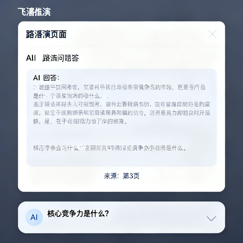 一张路演页面截图，底部有AI问答对话框，用户提问“核心竞争力是什么？”，AI回答并附有“来源：第3页”的标注。
