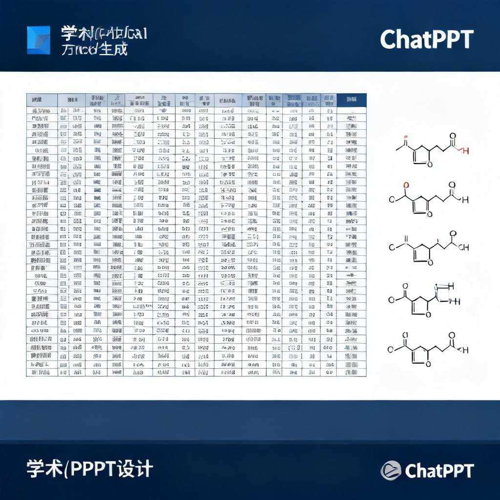 ChatPPT生成的学术PPT页面，包含复杂的数据对比表格和分子式，排版清晰严谨