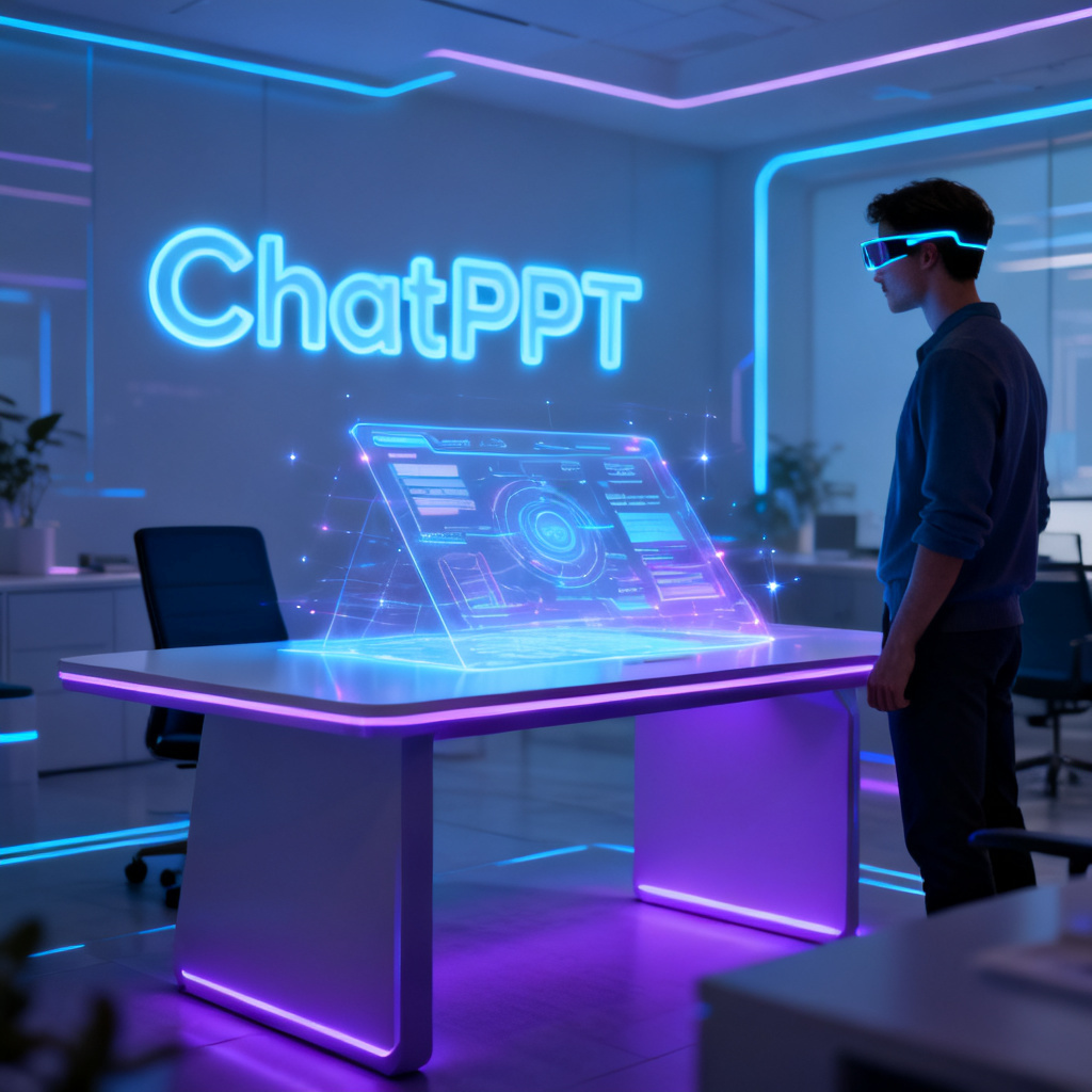 A futuristic office desk with a holographic presentation in the center, a human figure wearing smart glasses, and the text 'ChatPPT' displayed as a glowing logo in the background