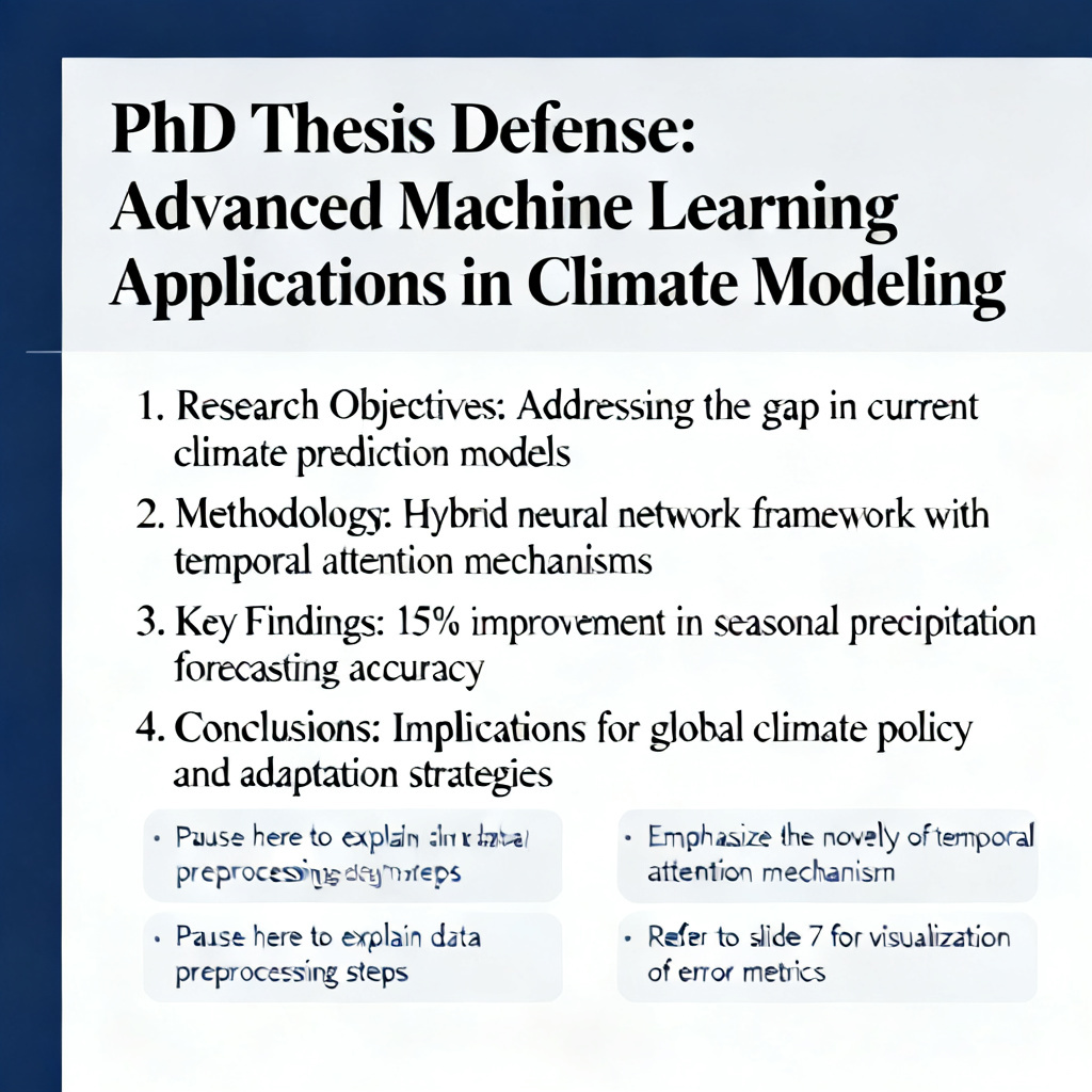 A screenshot of an AI-generated defense script with bullet points and speaker notes, professional layout, academic context.