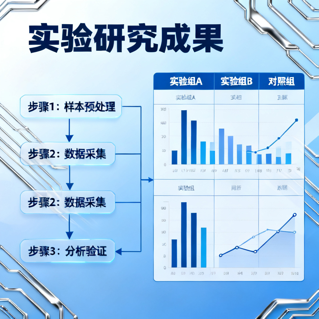 ChatPPT生成的学术PPT页面，包含复杂的实验流程图和多维数据对比表，排版严谨，科技感背景，蓝色调