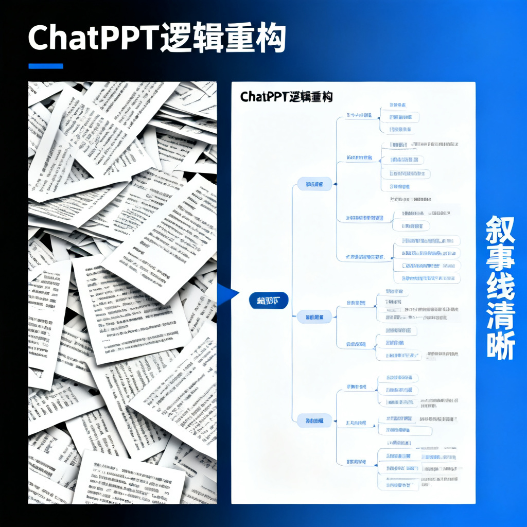 对比图：左侧是凌乱的文字堆叠幻灯片，右侧是经过ChatPPT逻辑重构后的结构化幻灯片，标注“叙事线清晰”，反差强烈