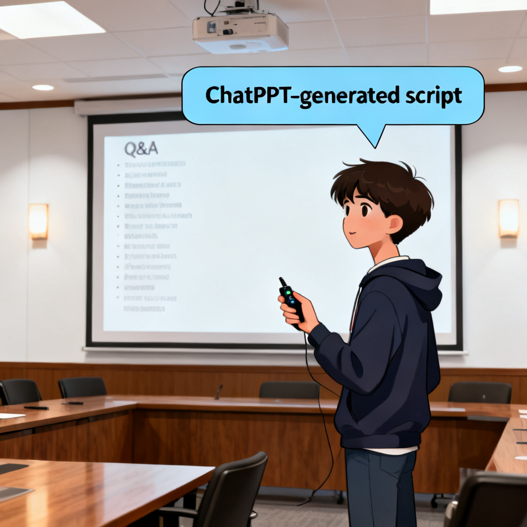 A student standing in front of a projector screen in a conference room, holding a clicker, with a speech bubble showing the ChatPPT-generated script and a list of potential Q&A questions on the side.