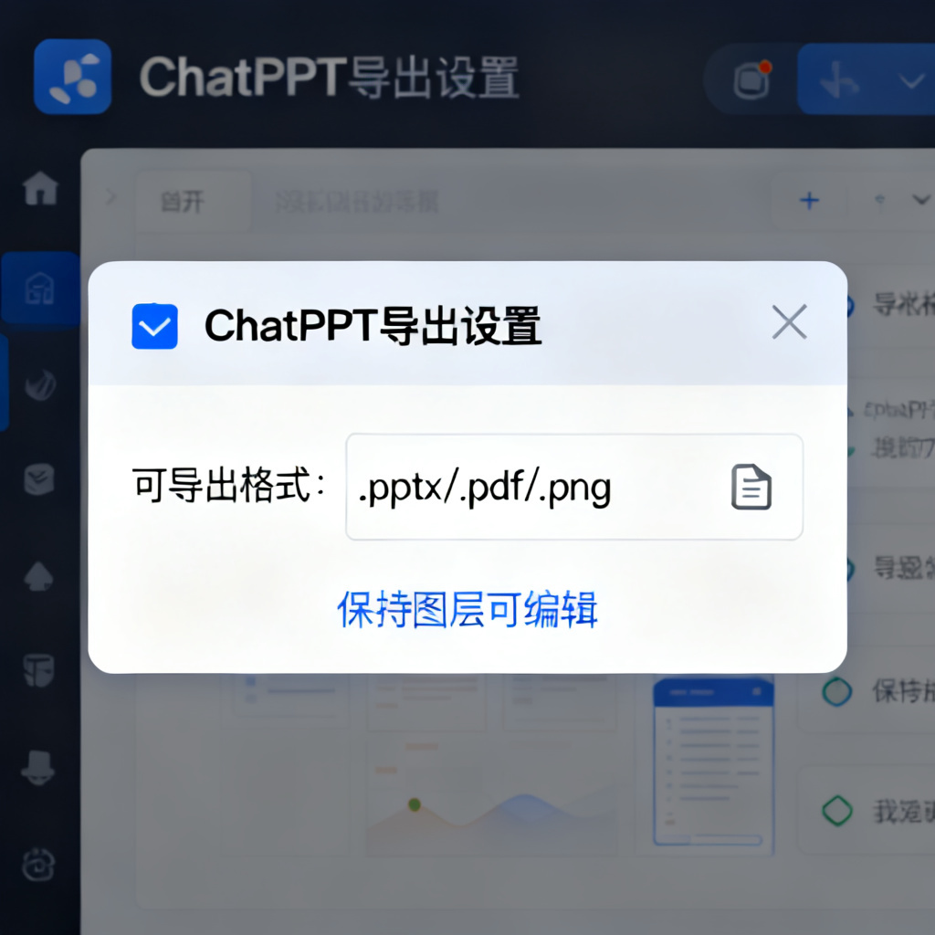 ChatPPT导出设置界面,显示可导出.pptx/.pdf/.png等多种格式,并标注“保持图层可编辑”