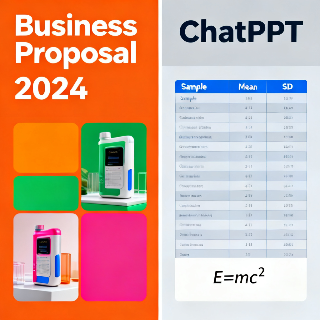 A split-screen comparison: left side shows a typical business-style template with vibrant colors and large images; right side shows a ChatPPT academic template with clean blue/gray tones, proper data tables, and a correctly rendered mathematical formula.