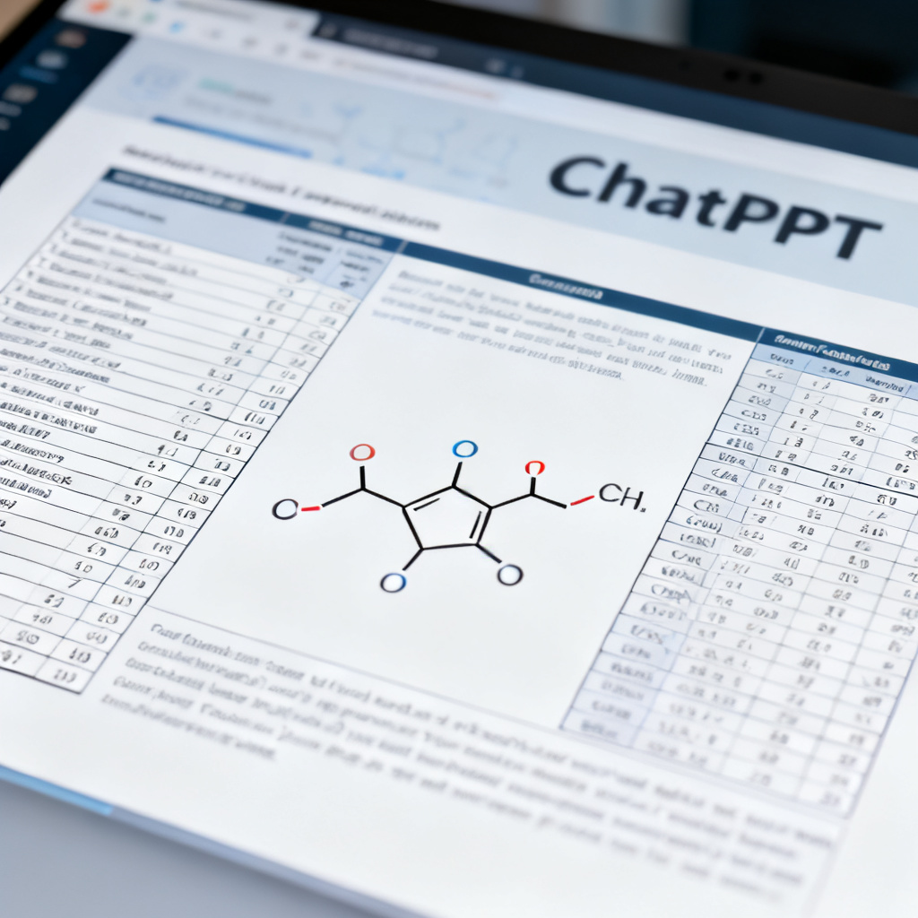 A close-up of a slide showing a complex scientific data table and a molecular formula, perfectly formatted and high-resolution, with the ChatPPT interface faintly visible in the background.