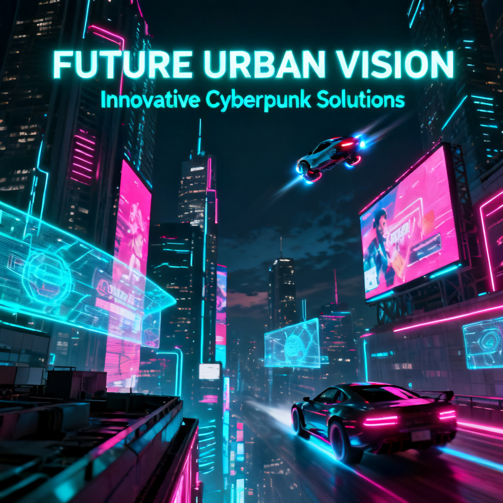 A futuristic cyberpunk cityscape rendered in neon colors, with holographic billboards and flying cars, used as the visual theme for a business pitch deck, style: cinematic lighting, ultra-detailed