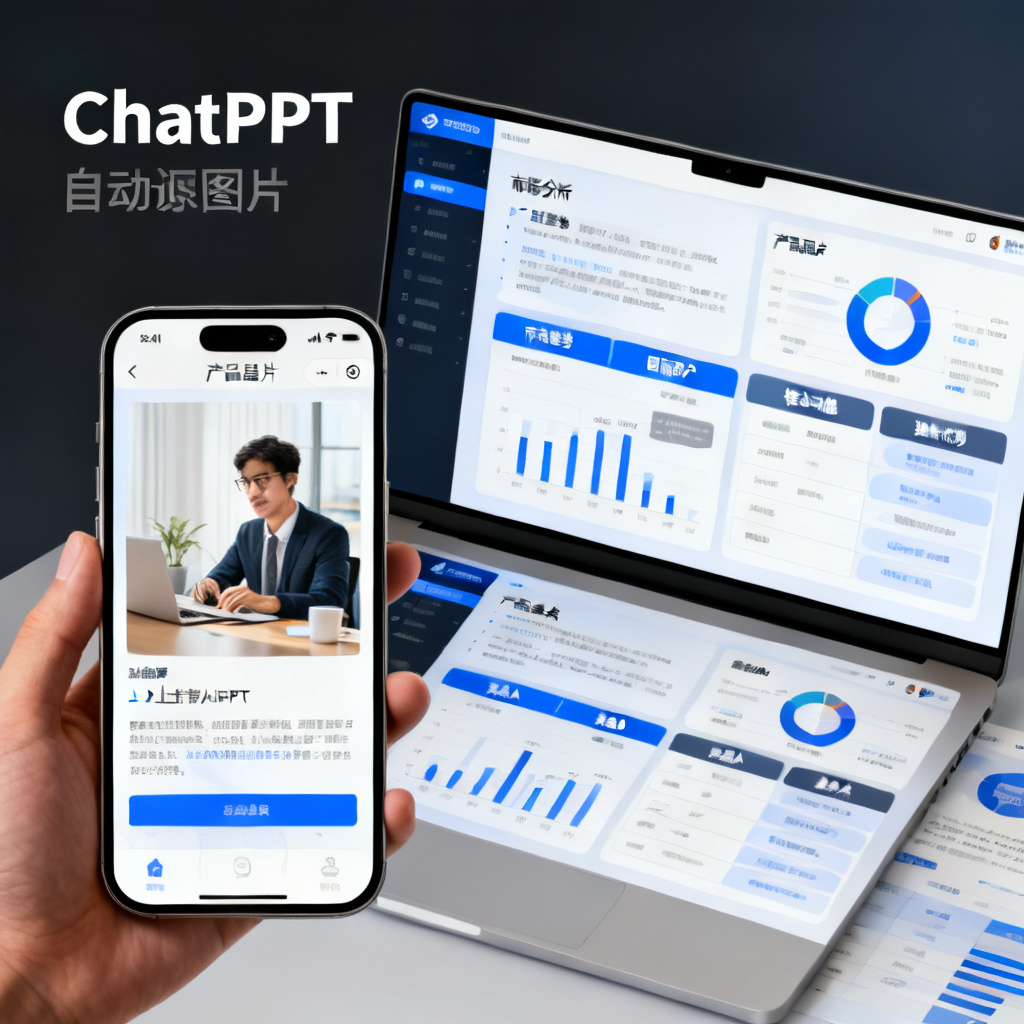 用户通过手机小程序上传一张产品图片，ChatPPT自动识别图片内容并生成一份包含市场分析、产品卖点、竞品对比的专业PPT界面，手机屏幕与电脑端实时同步