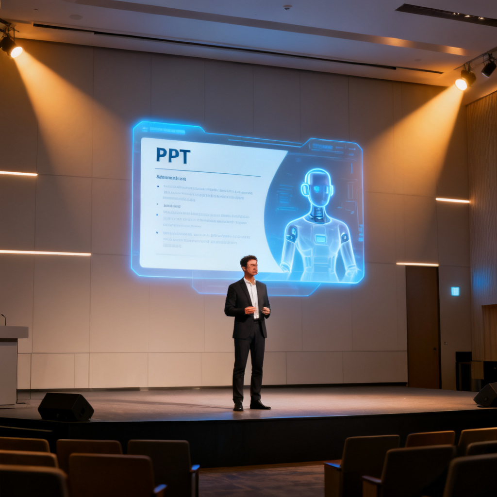 A professional presenter standing confidently on stage with a digital holographic display of a PPT slide, showing an AI avatar speaking. The background is a modern conference room. Style: realistic, cinematic lighting, 4K.