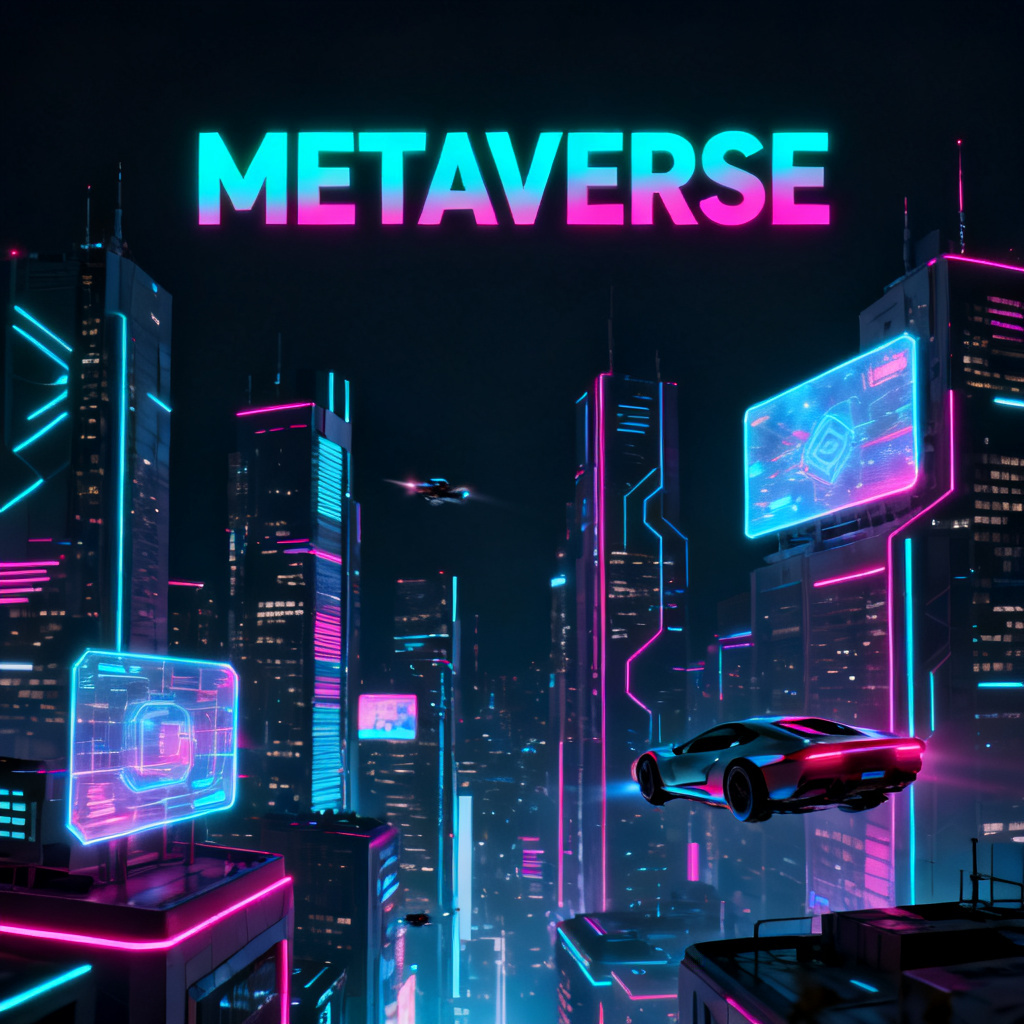 A futuristic cityscape with neon lights, in a cyberpunk style, for a pitch deck about the metaverse, with a sleek dark background and glowing text elements.