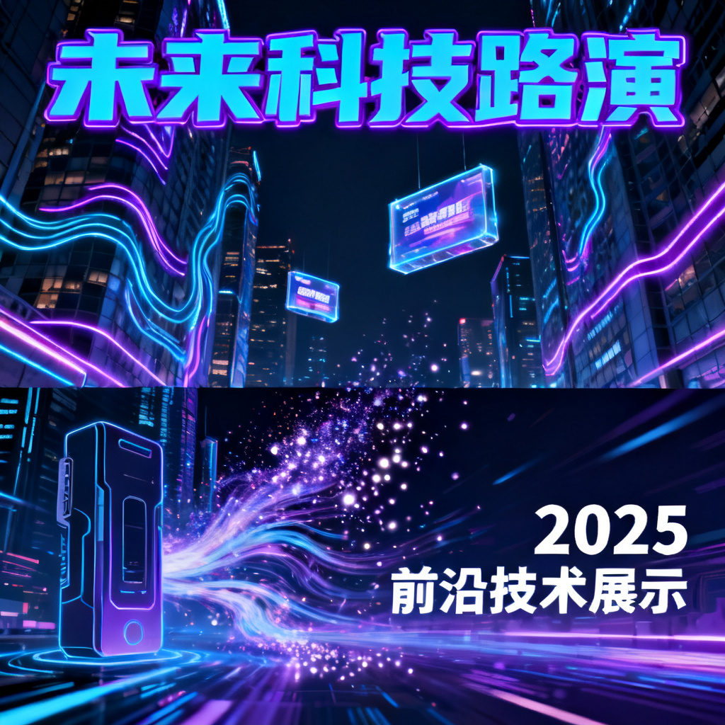 赛博朋克风格，霓虹灯光，高对比度，未来城市背景，路演幻灯片设计，动态元素