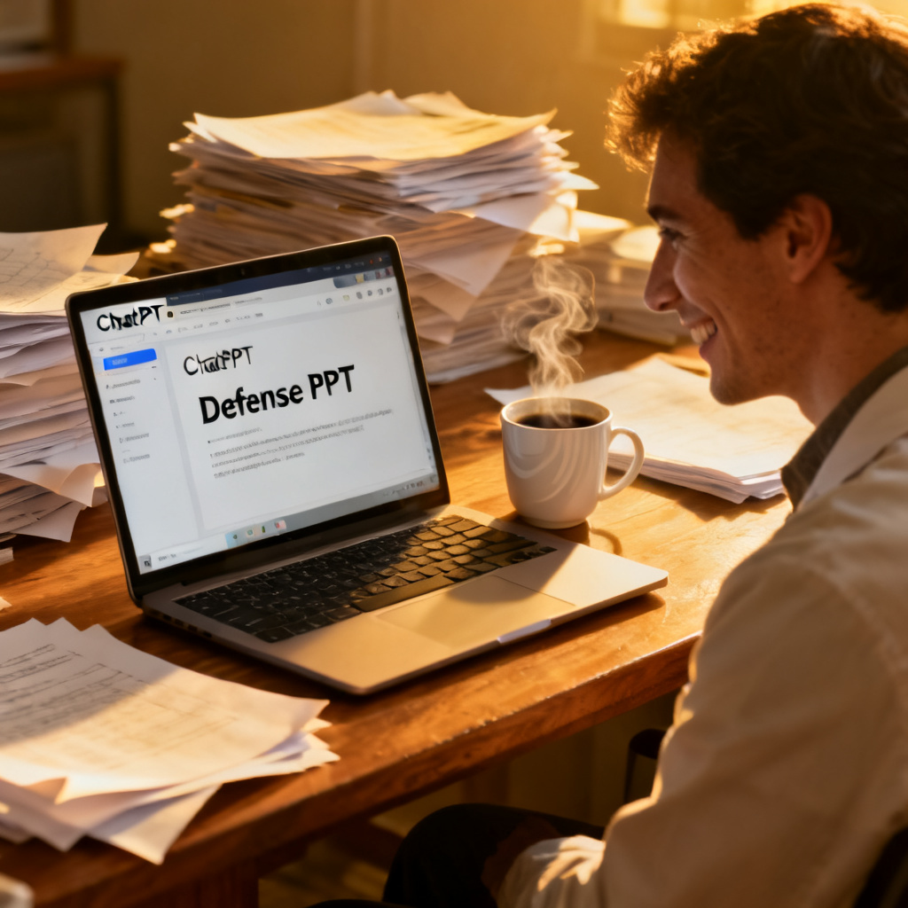 A researcher sitting at a desk, smiling at a laptop screen showing the ChatPPT interface with a completed defense PPT, surrounded by stacks of paper and a coffee cup.