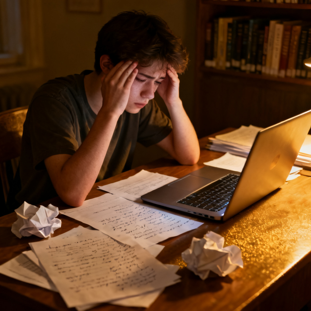 A student sitting at a desk in a dimly lit room, surrounded by scattered papers and a laptop, rubbing their temples in exhaustion, photorealistic style, warm lighting to convey long hours of work