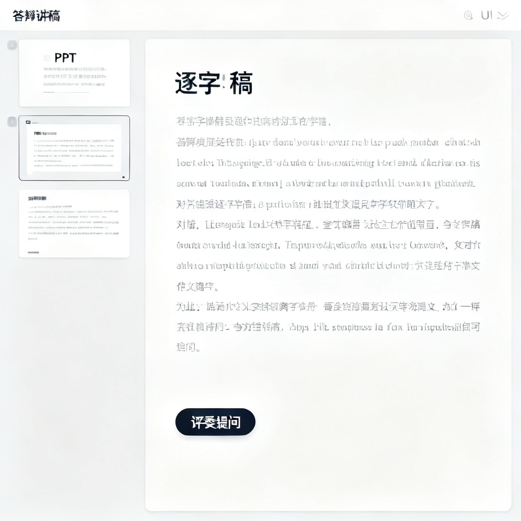 一张答辩讲稿幻灯片，左侧显示PPT缩略图，右侧显示逐字稿文字，底部有“评委提问”按钮，界面干净专业