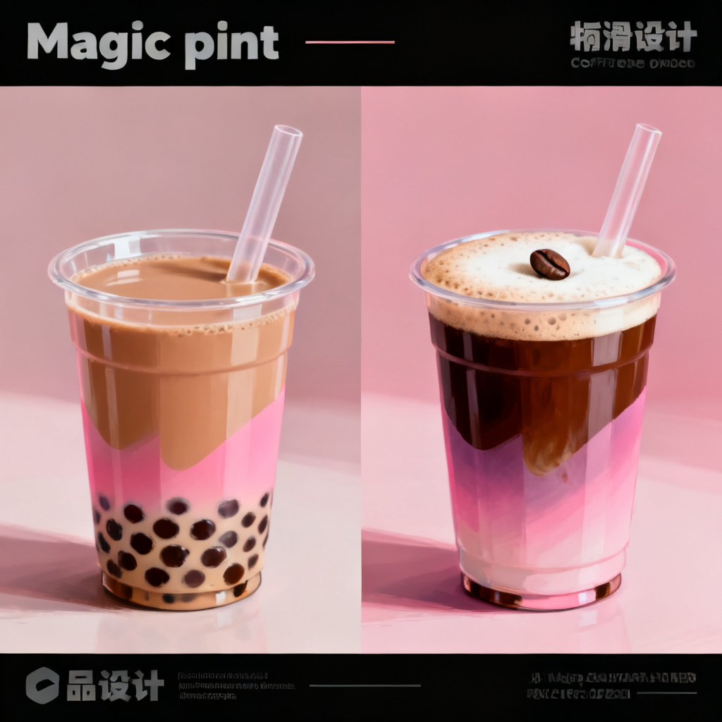A before-and-after comparison of a slide where a cup of milk tea is replaced with a coffee, seamlessly integrated with the original style using ChatPPT's Magic Paint mode.