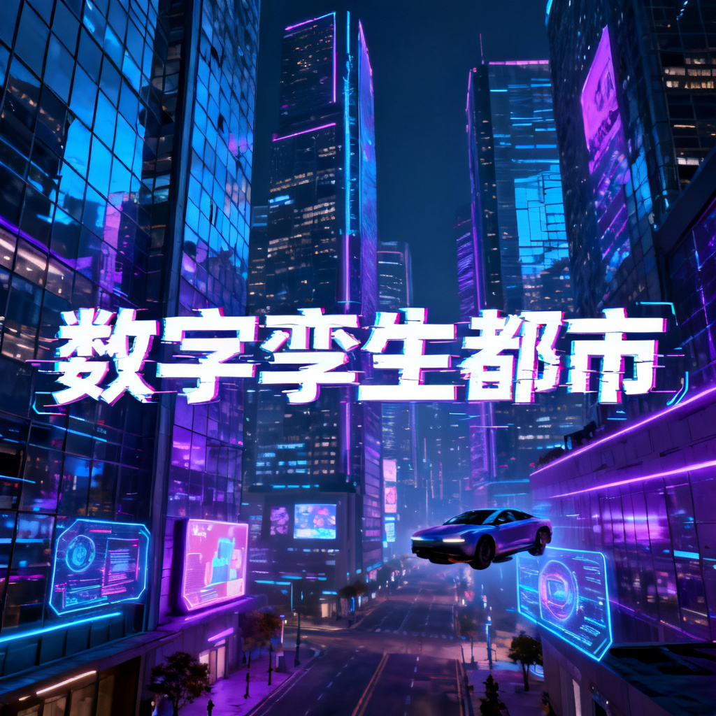 赛博朋克风格的数字孪生城市全景，霓虹蓝紫配色，立体摩天楼群，故障艺术字体标题，高清细节，电影级光影。