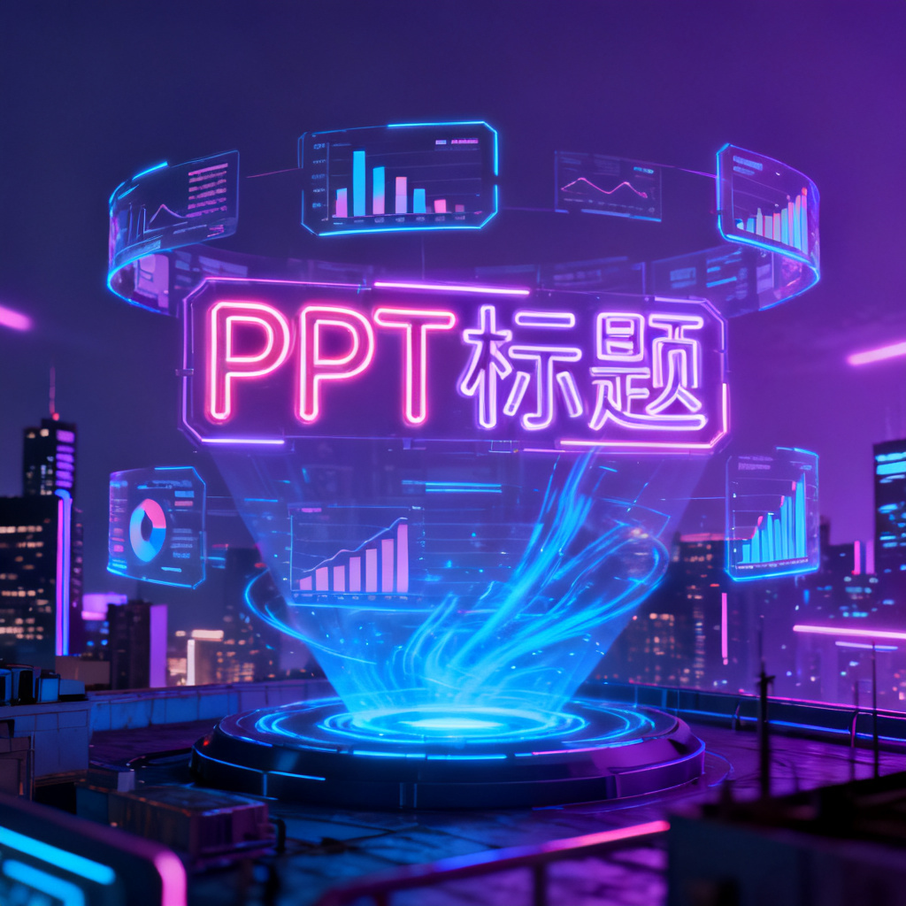 赛博朋克风格城市夜景，霓虹灯管构成PPT标题，全息投影效果的数据图表悬浮于空中