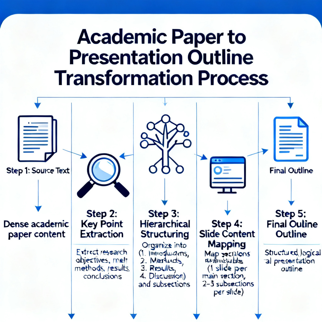 A diagram illustrating the process of transforming a dense academic paper into a structured, logical presentation outline, showing data flow from text to slides with clear hierarchical relationships.