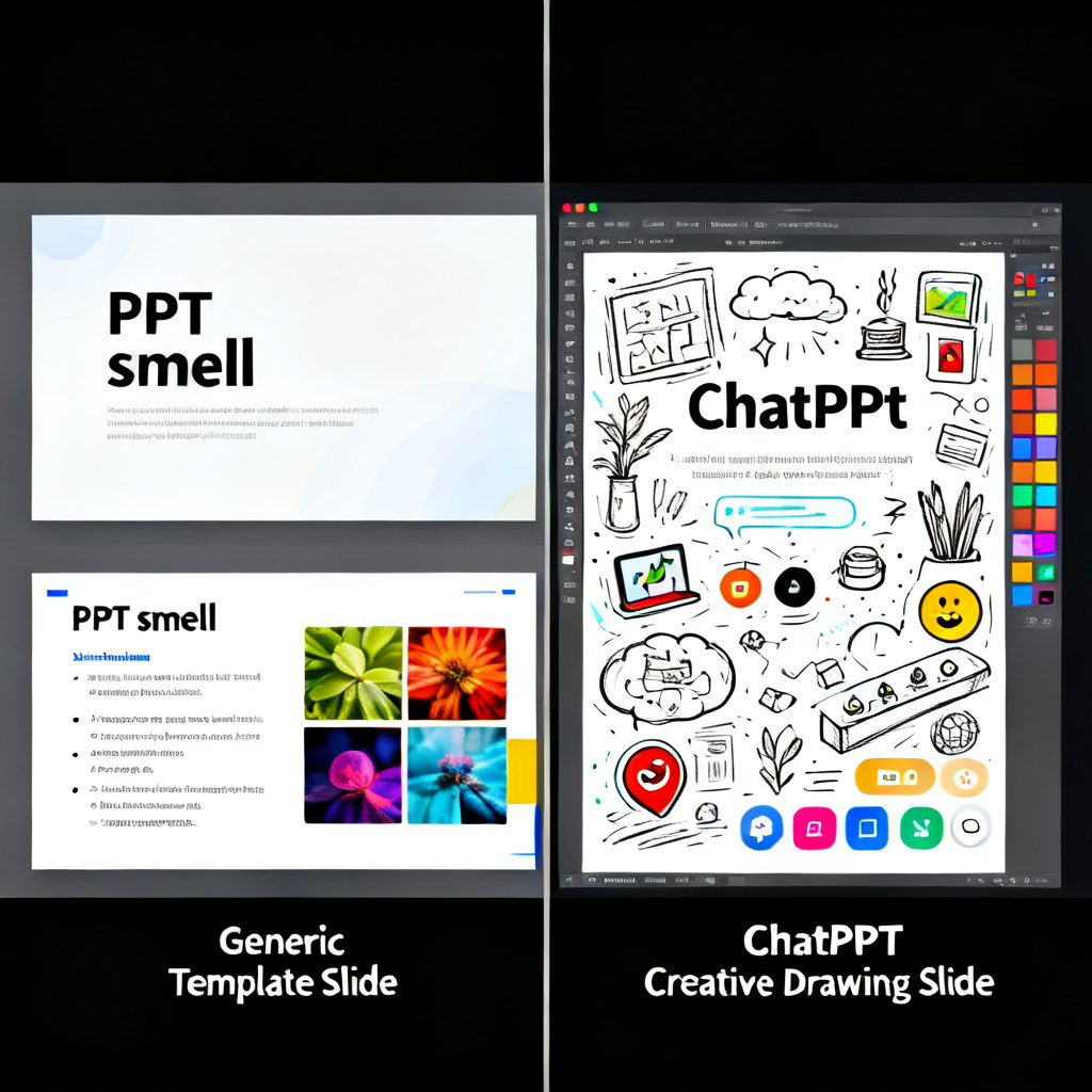 Split screen: left side shows a generic template-based slide with 'PPT smell', right side shows a fully customized, editable slide from ChatPPT's creative drawing mode