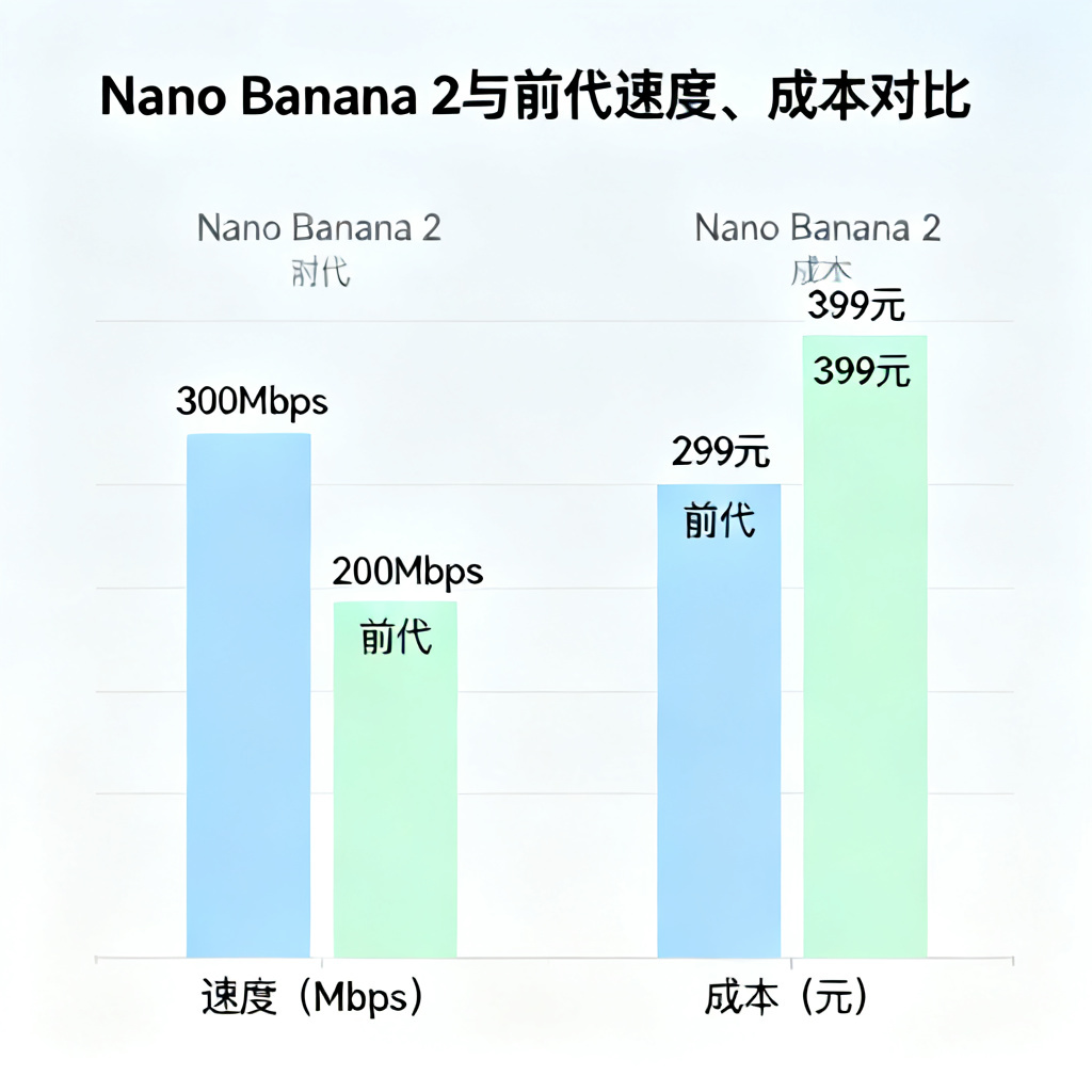 一张信息图表风格的PPT，展示Nano Banana 2与前代的速度和成本对比柱状图，数据清晰，设计简洁