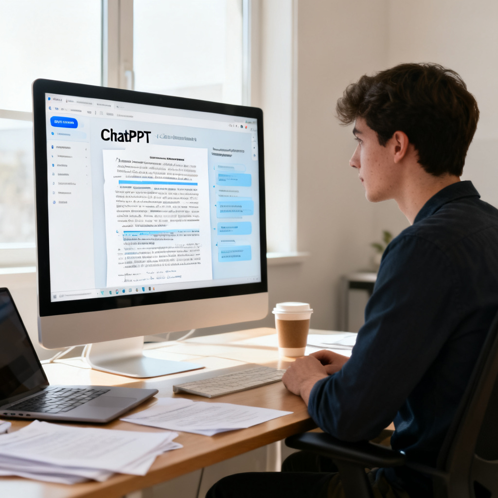 A PhD student sitting at a desk, looking at a computer screen showing a complex research paper being automatically summarized into a clean presentation outline by an AI tool named ChatPPT. The scene is well-lit, modern office.