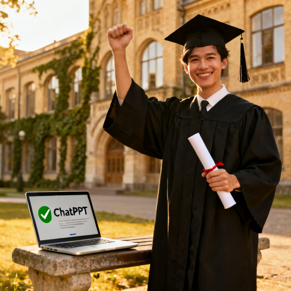 A smiling graduate student in a cap and gown, holding a diploma, standing in front of a university building, with a laptop showing a completed ChatPPT presentation in the background, representing success after a smooth defense