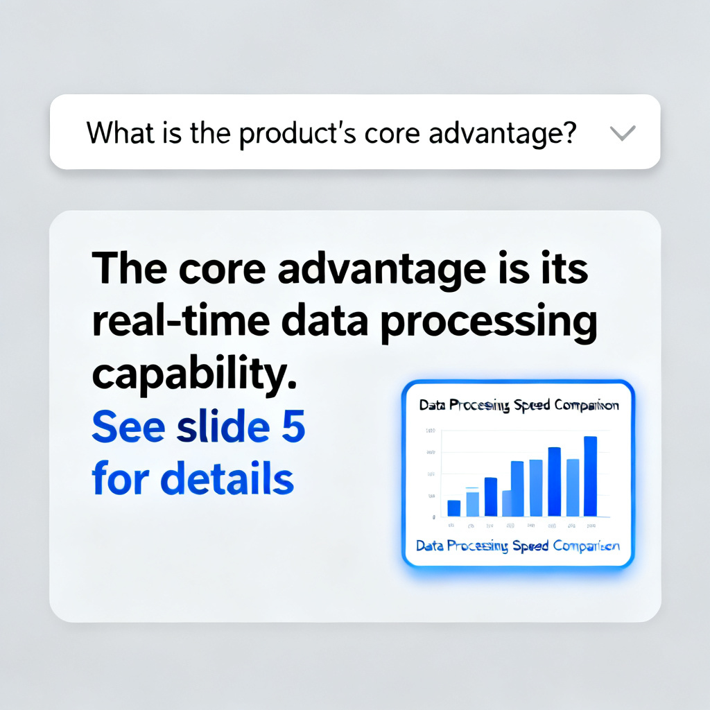 A screenshot of an AI-powered Q&A interface during a presentation. A user has typed a question about the product's core advantage. The AI response includes the answer and a citation to a specific slide number, with a highlighted thumbnail of that slide.