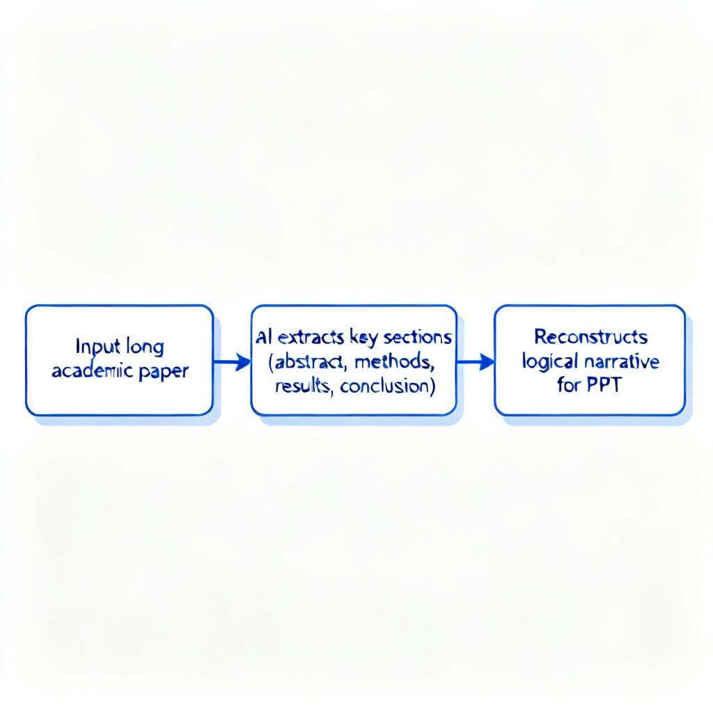 Flowchart showing the process: Input long academic paper -> AI extracts key sections (abstract, methods, results, conclusion) -> Reconstructs logical narrative for PPT. Style: clean, minimalist, with blue and white color scheme.