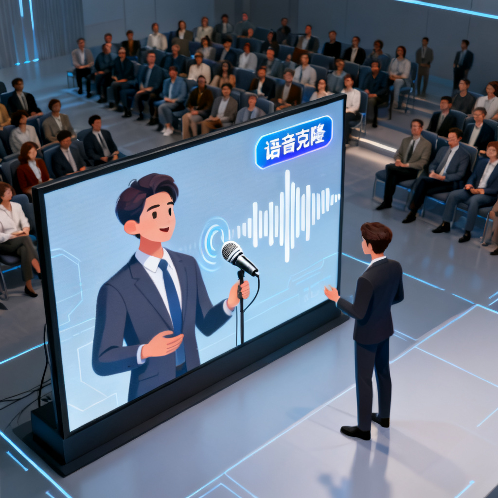 数字人分身正在大屏上进行路演，旁边有麦克风波形和语音克隆标签，背景是投资人观众席，俯瞰视角，现代商务感