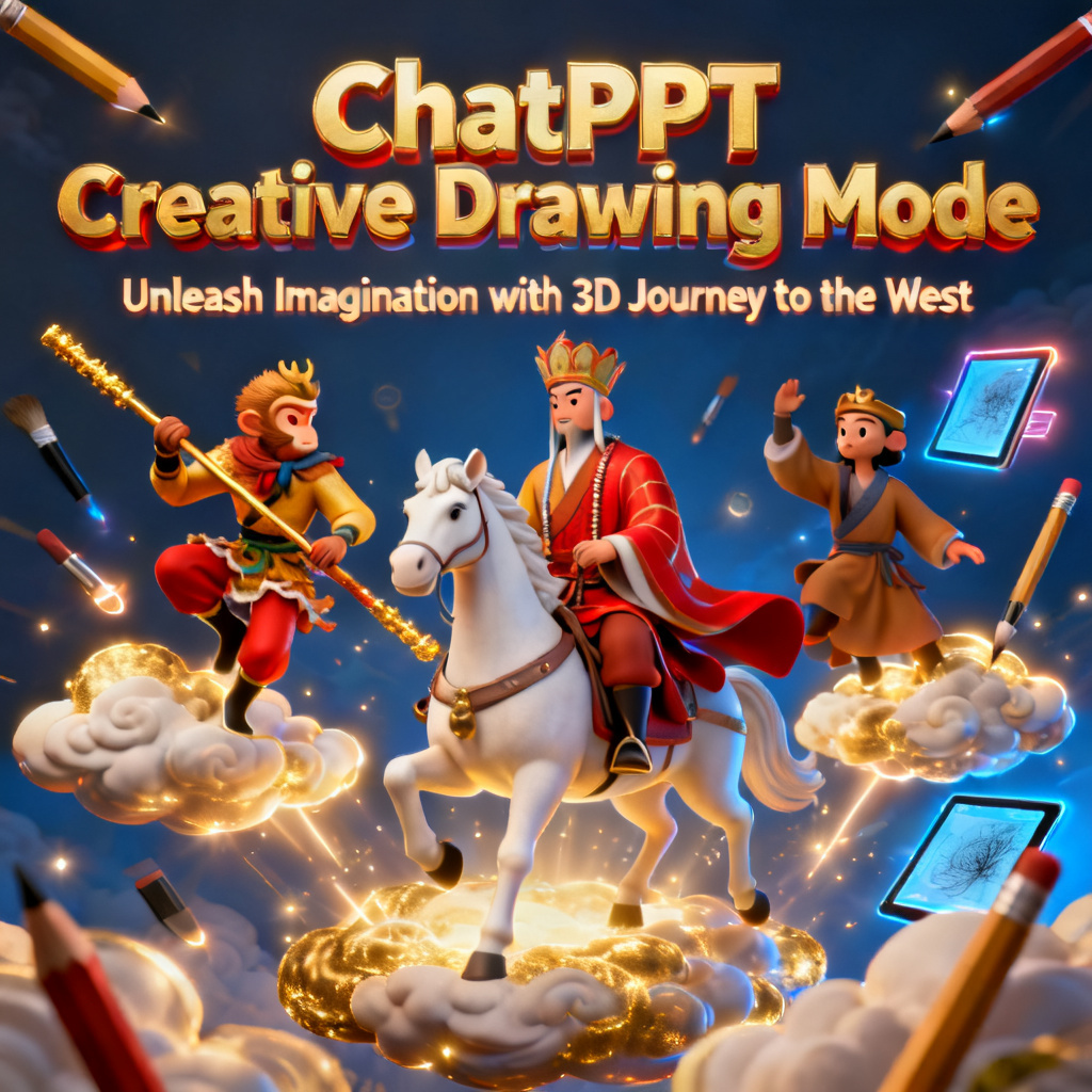 A professional presentation slide in 3D Journey to the West style, vibrant colors, dynamic layout, showcasing ChatPPT's creative drawing mode