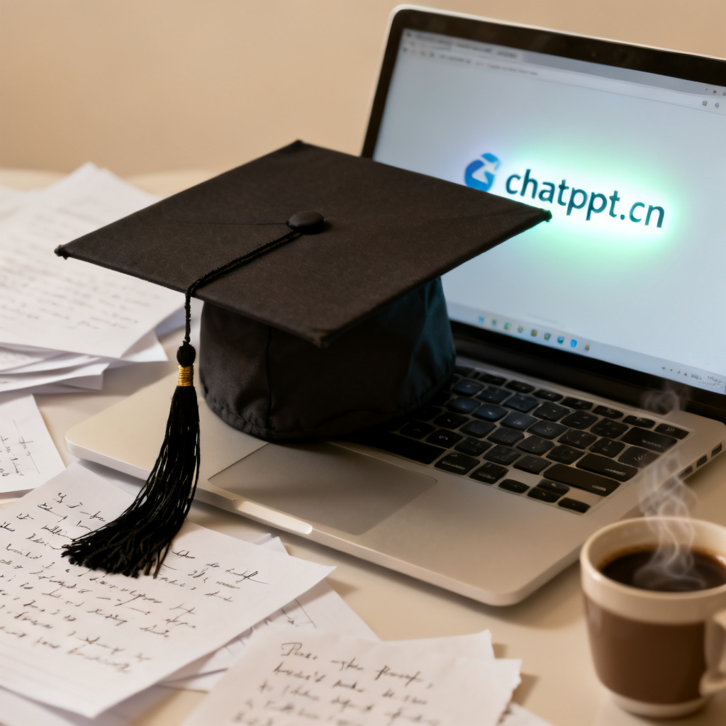 A graduation cap sitting on top of a laptop keyboard, with the website 'chatppt.cn' glowing softly on the screen, surrounded by scattered papers and a coffee cup