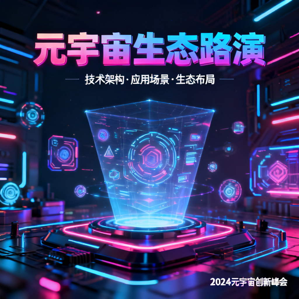 赛博朋克风格的元宇宙路演PPT，霓虹灯光，全息投影，科技感，3D渲染，高对比度，未来主义