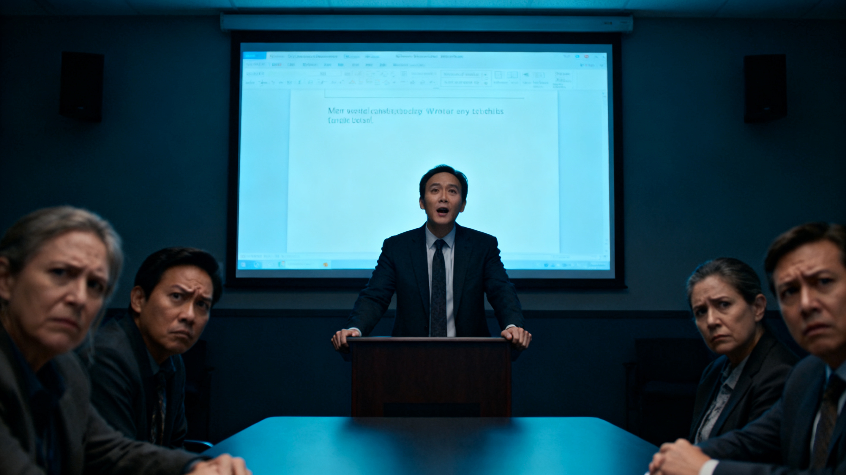 会议室中演讲者面对静态幻灯片卡壳，投影幕布显示漂亮但无讲稿提示的页面，听众神情疑惑，写实风格，冷色调