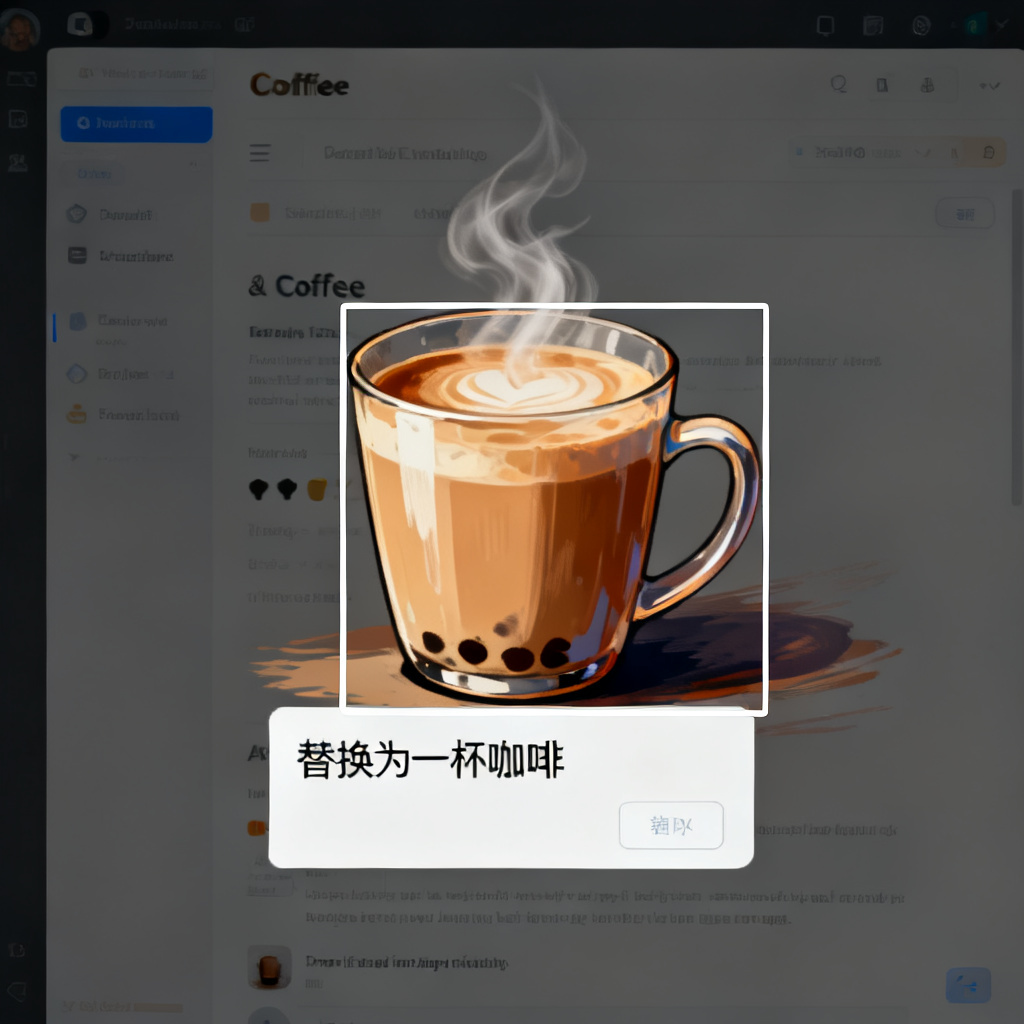 Magic涂画局部重绘演示：框选页面中的一杯奶茶，输入“替换为一杯咖啡”，AI 自动生成新元素，并完美融合原有光影与风格