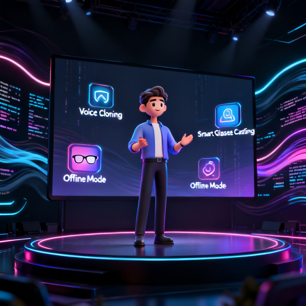 A futuristic digital scene showing a 3D avatar presenting on a large screen. Floating icons around the avatar represent "Voice Cloning," "Smart Glasses Casting," and "Offline Mode." The background is a dark, sleek virtual stage with data streams flowing. The overall mood is high-tech and innovative.