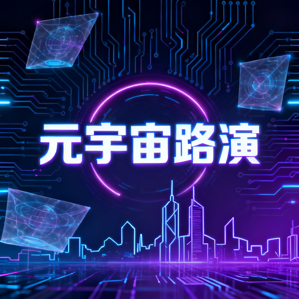 一张赛博朋克风格的元宇宙路演PPT封面，包含霓虹灯、全息投影和未来城市轮廓，采用深蓝与紫色调，背景有电子电路纹理，中央为发光标题“元宇宙路演”。