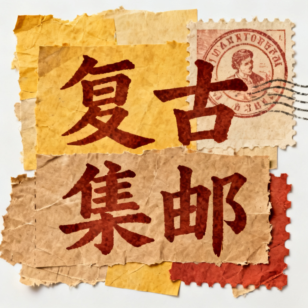 牛皮纸贴画风格,手工质感,拼贴元素,复古邮票,手写字体,暖色调纹理